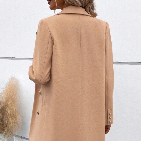 Tan Preppy Womens Lapel Collar Double Breasted Overcoat - Picture 2 of 4